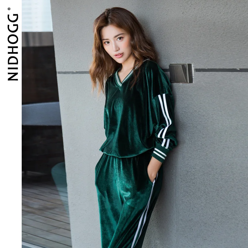 

Зимние золотые бархатные женские пижамы с длинным рукавом, штаны, Спортивные Повседневные пижамные комплекты, однотонное ночное белье с v-образным вырезом, комплект из 2 предметов, одежда для отдыха