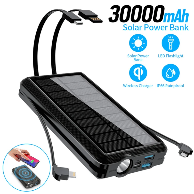 

30000mAh Solar Power Bank Portable Qi Wireless Charger For iPhone 11 Samsung Powerbank Built in Cable External Battery Poverbank