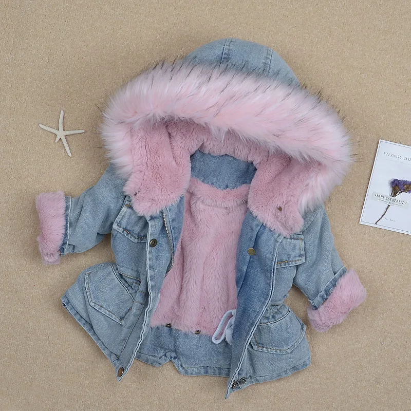 New Winter Item Girl And Boy Thick Denim Coat Velvet Jeans Jacket Kids Warm Outwear 1-5 Years