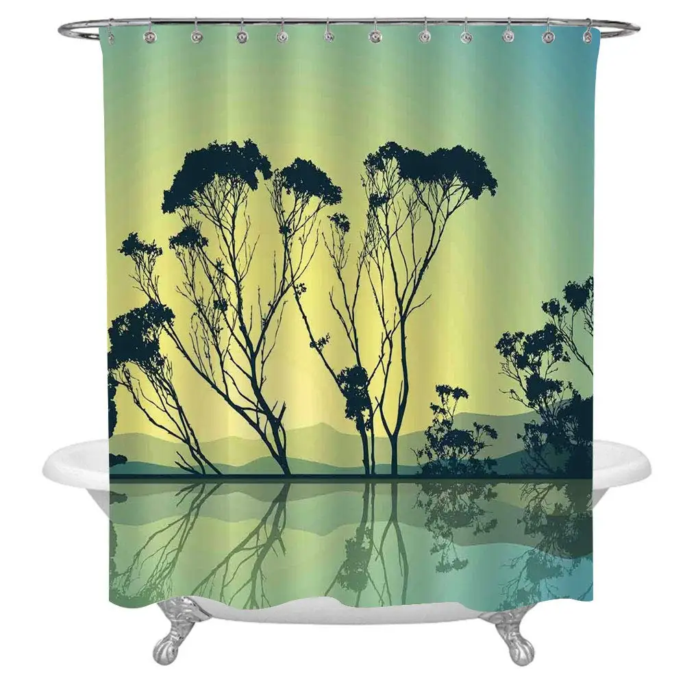 

Apartment Decor Bath Curtain,Crystal Tree Silhouettes with Reflections in The Water National Park Countyside Print Fabric Shower