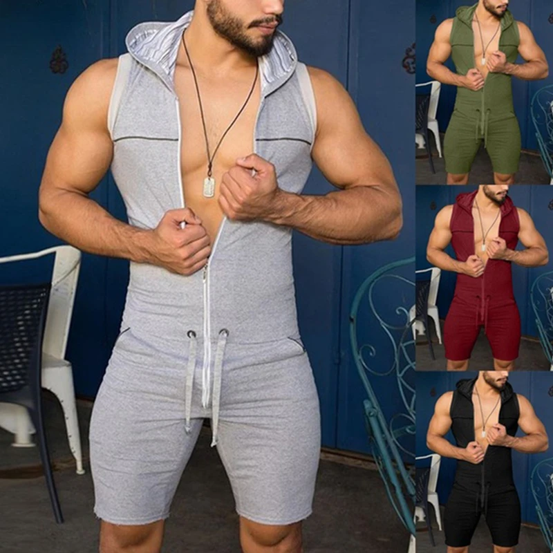 pajama pants Men Short Jumpsuit Tight Sleeveless Bodysuit Zipper Hooded Rompers Short Pants Casual Home Wear Tracksuit Pajamas silk pajamas