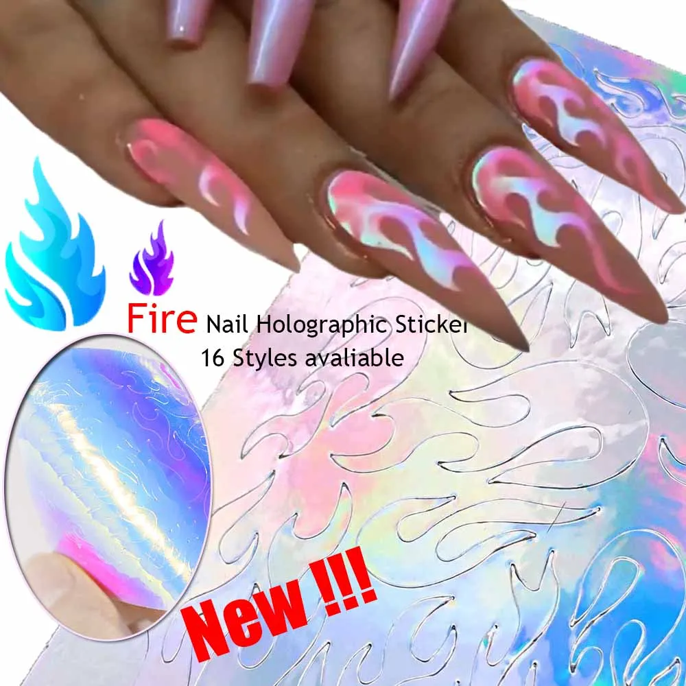 

6Pcs/Set New Fashion Holographic Colorful Nail Foil Flame Holo Nail Art Transfer Self Adhesive Flame Nail Decals Slide Nail Art
