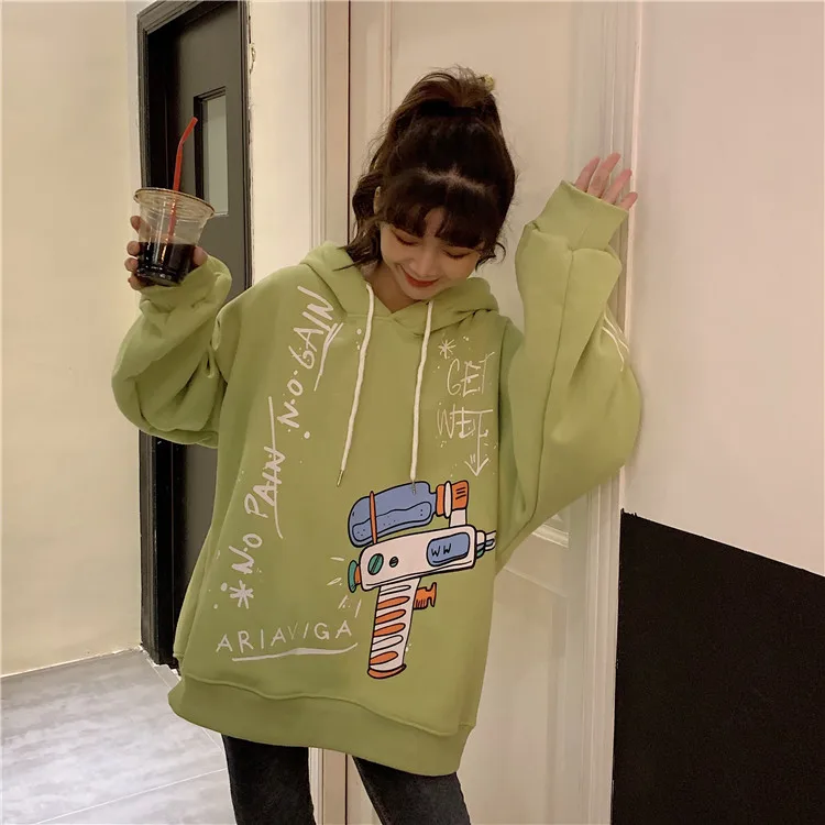 Корейская мода мультфильм печати балахон для женщин Зимний пуловер Harajuku негабаритных с длинным рукавом Толстовка школьницы уличная