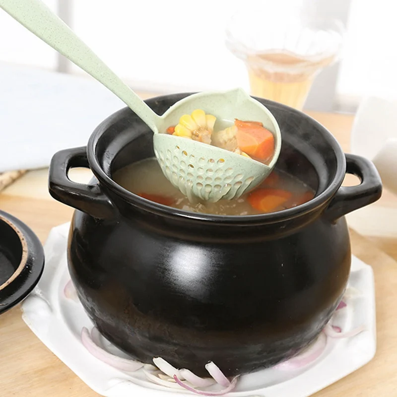 2 in 1 Creative Wheat Straw Soup Spoon Long Handle Lovely Porridge Spoons with Filter Dinnerware Kitchen Colander Tools
