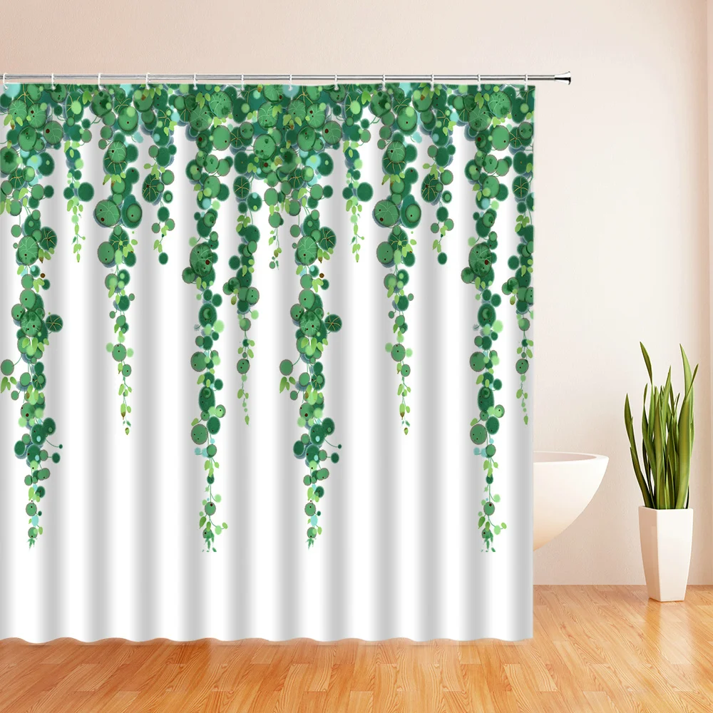 Green Plants Flowers Waterproof Polyester Shower Curtains Ecofriendly