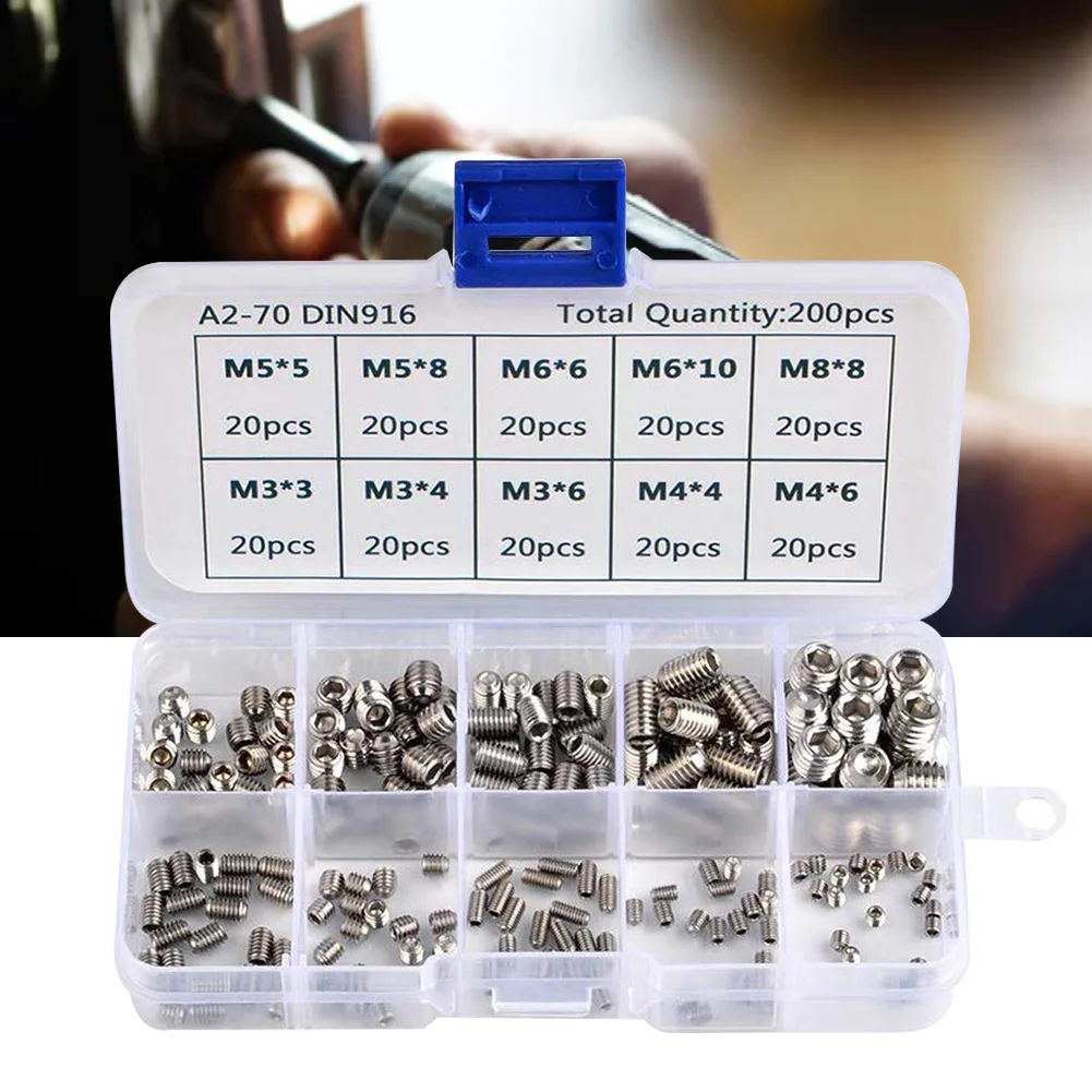 

200 Pcs Fixing Allen Head Grub Screw Set Tools Repair Stainless Steel Metric Thread Durable Home Fastener Hardware Hex Socket