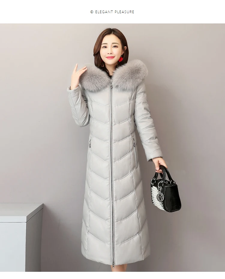 High quality Winter Down jacket Women Sheep Leather fox fur collar Female Hooded Long Coat Thick Slim Plus Size Female Parkas