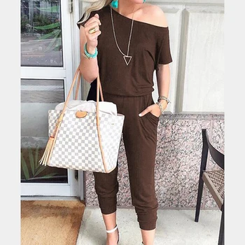 

Women Girl Oblique Shoulder Jumpsuit Solid Color Short Sleeve Long Bodysuit