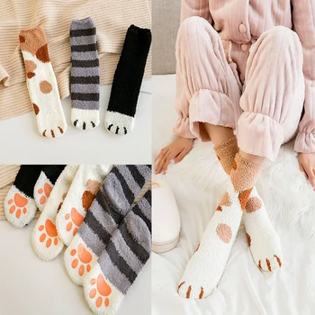 

Hot 2019 Winter Warm Thick Cute Cartoon Cat Paw Socks For Girls Sleeping Home Floor Non-Slip Socks Women's Coral Fleece Socks