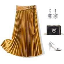 Женская мода весна, бархатная юбка с высокой талией и поясом, элегантные плиссированные юбки миди, зеленые, коричневые, желтые