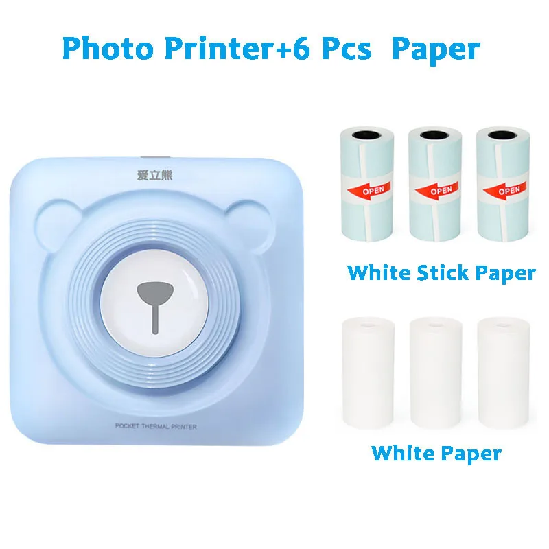 Портативный термальный Bluetooth принтер 58 мм Мини термальный фото принтер для Android IOS мобильный телефон - Цвет: Printer 6 Pcs Paper