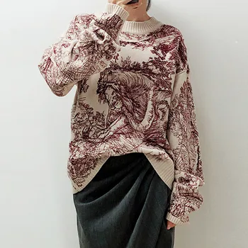 

Pullover Sweaters 2020 Runway pullover Fashion forest tiger Embroidery Women's sweater Loose Knitted jumper truien dames B009