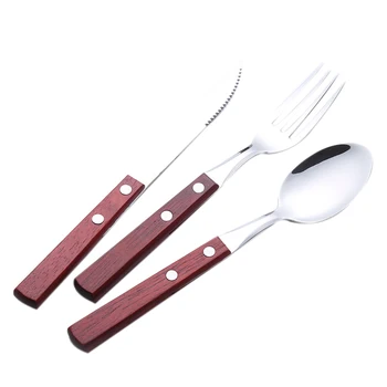 

18 Pcs Cutlery Sets with Steak Knives Stainless Steel Wooden Handle Dinner Sets Knife Fork Spoon Set Tableware