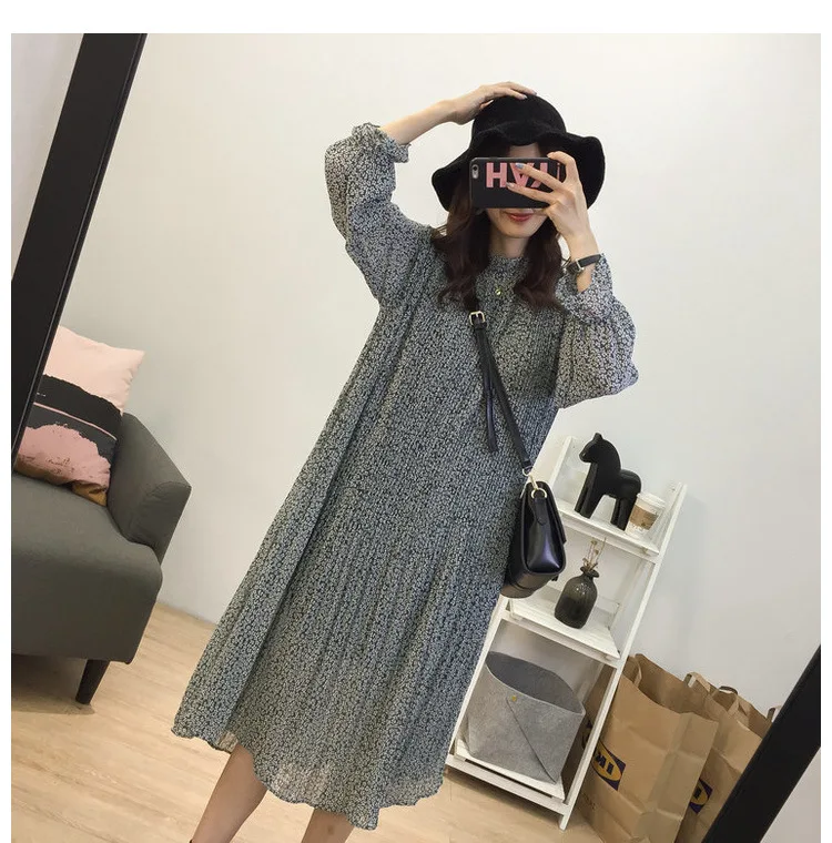 Loose-Fit Stand Collar Floral-Print Chiffon Long-sleeved Dress Autumn And Winter Women's Large Size Slimming Medium-length A- li