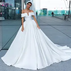 Waulizane с открытыми плечами элегантное высококачественное атласное свадебное платье трапециевидной формы с v-образным вырезом Свадебное