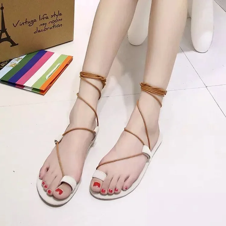 

Summer Flat Heel Toe Covering Ankle Ring Bandage Cloth Sandals Women's Rome Style Cloth Lace-up WOMEN'S Shoes