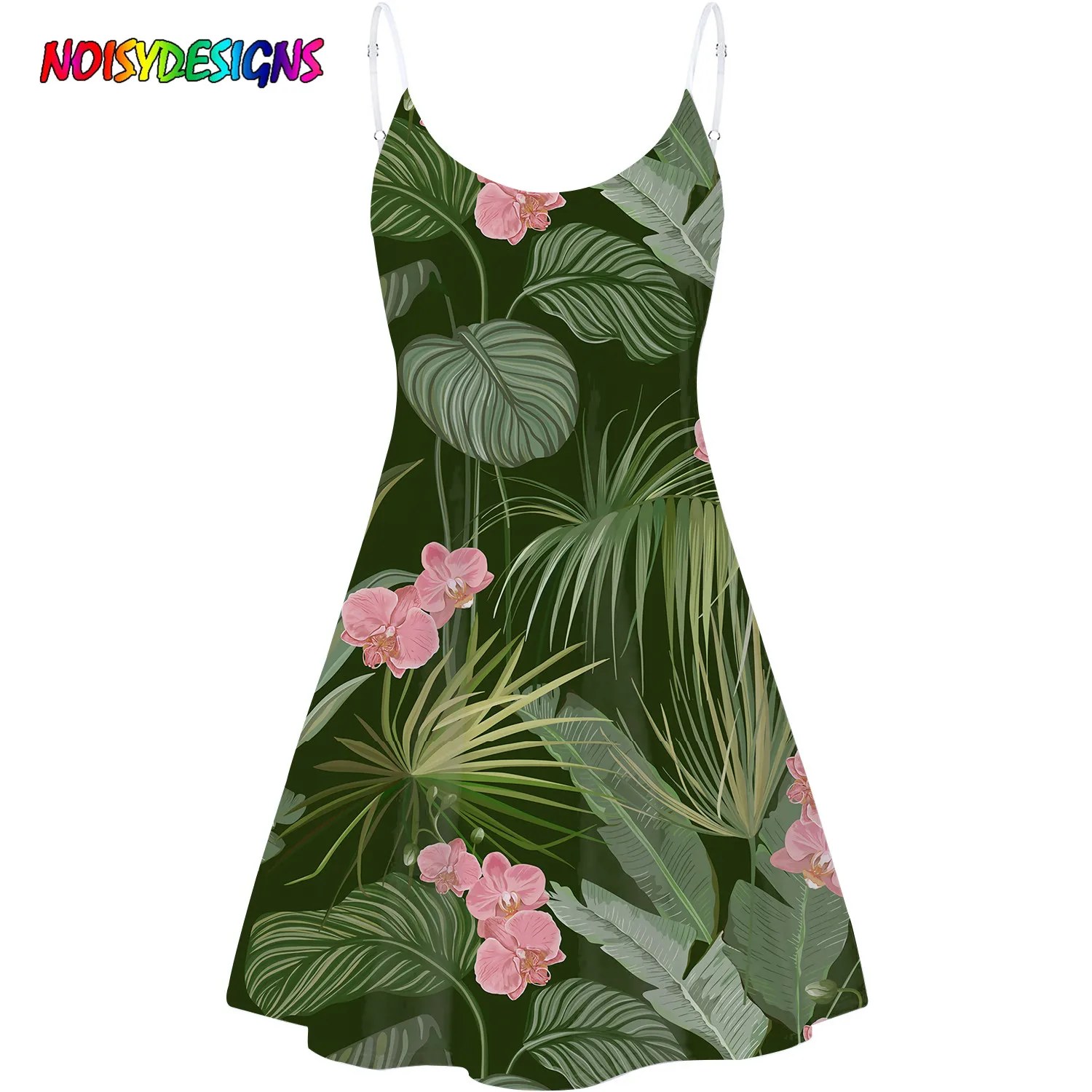 

NOISYDESIGNS Women Tropical Print Flowers Printing Sundress Sling V Neck Backless Shirt Dress Beach Straps Vestidos Female Mujer