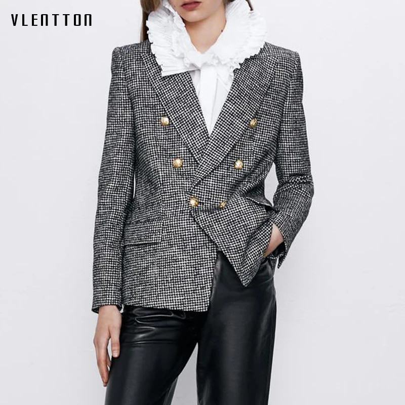 Autumn Winter Vintage Plaid Tweed Blazers Women Gold Button Doulbe Breasted Jacket Coat Female Outwear Office Lady Blazer Mujer