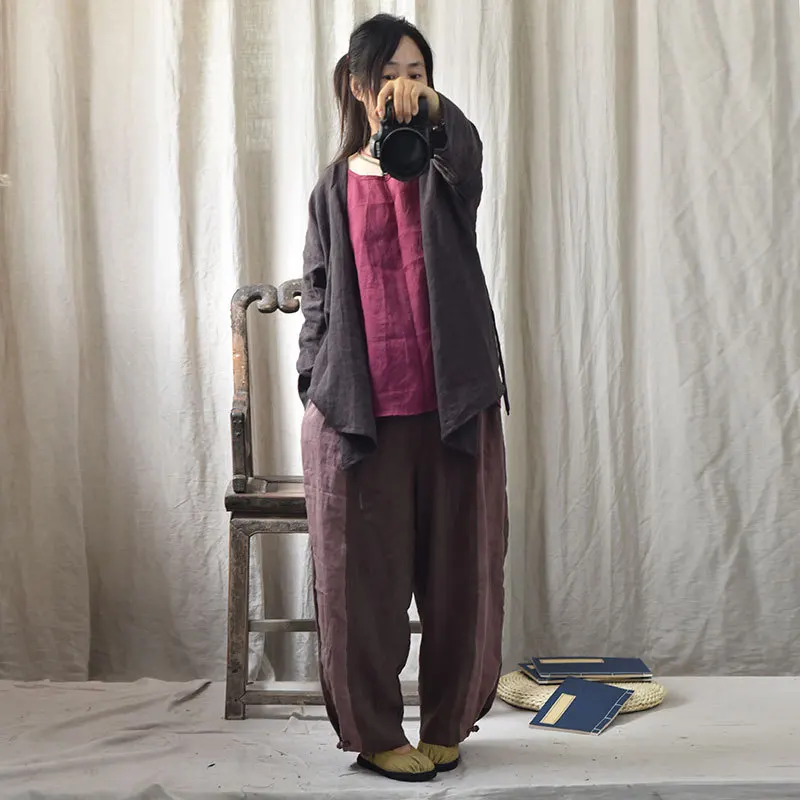 

Women Autumn Solid Color Linen Jacket Belt Coat Female Loose Retro Tops Ladies Vintage Thin Coat 2019 Spring Fall Coat