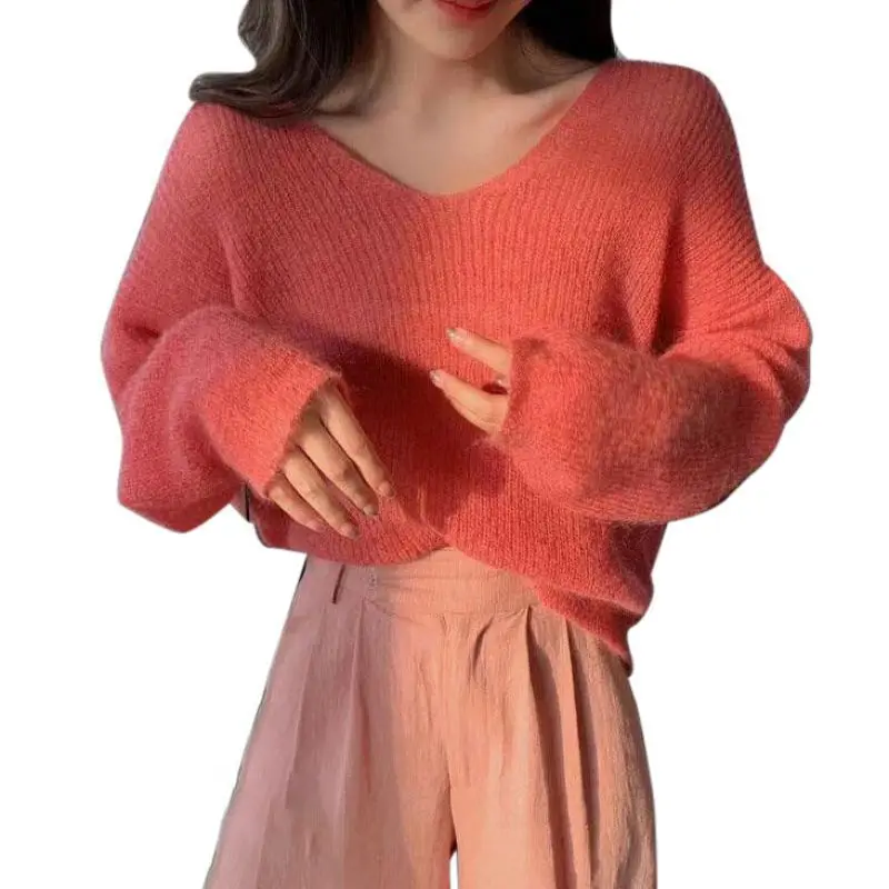Зимний свитер, Осенний Женский вязаный свитер Одноцветный пуловер с v-образным вырезом, милые свободные трикотажные свитеры с длинными рукавами, джемпер - Цвет: P