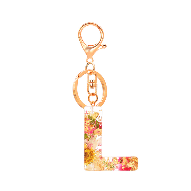 Dried Flower Letter Keychain Creative Colorful 26 English Letter Initial Resin Handbag Keyring Accessories For Women