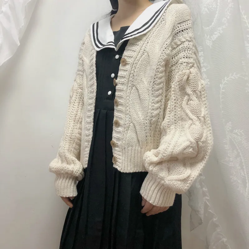 Sweet Japanese Autumn Cardigan Sweater Loose Women Jumper Jacket Long Sleeve Single-breasted V-neck Knit Coat for women