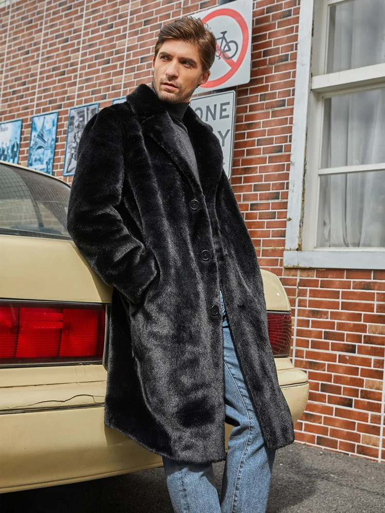 Luxury Winter Men Faux Fur Coat Black Fake Fur Mink Fur Warm Jacket Oversize Mens Plush Fluffy  Top Overcoat