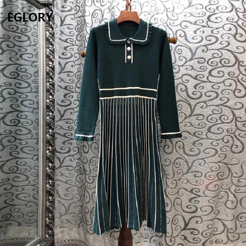Best Price 2019 Autumn Winter Sweater Dress High Quality Women Turn-down Collar Striped Knitting Long Sleeve Black Green Jumper Dress Lady