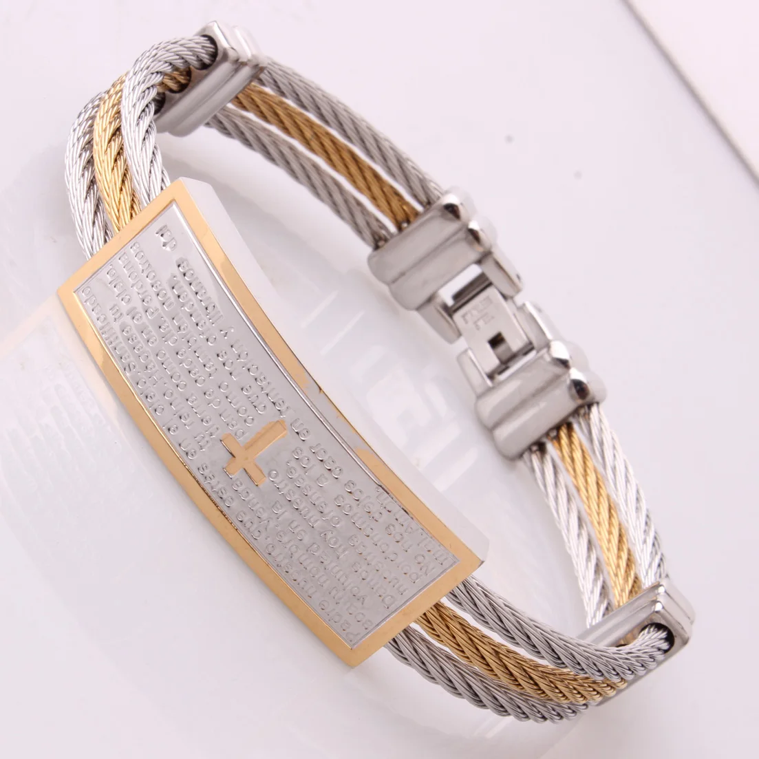 Punk 3Rows Wire Chain Stainless Steel Bracelet For Men Bangle Engraved Cross Bible Religion Christ Prayer Male Women Jewelry