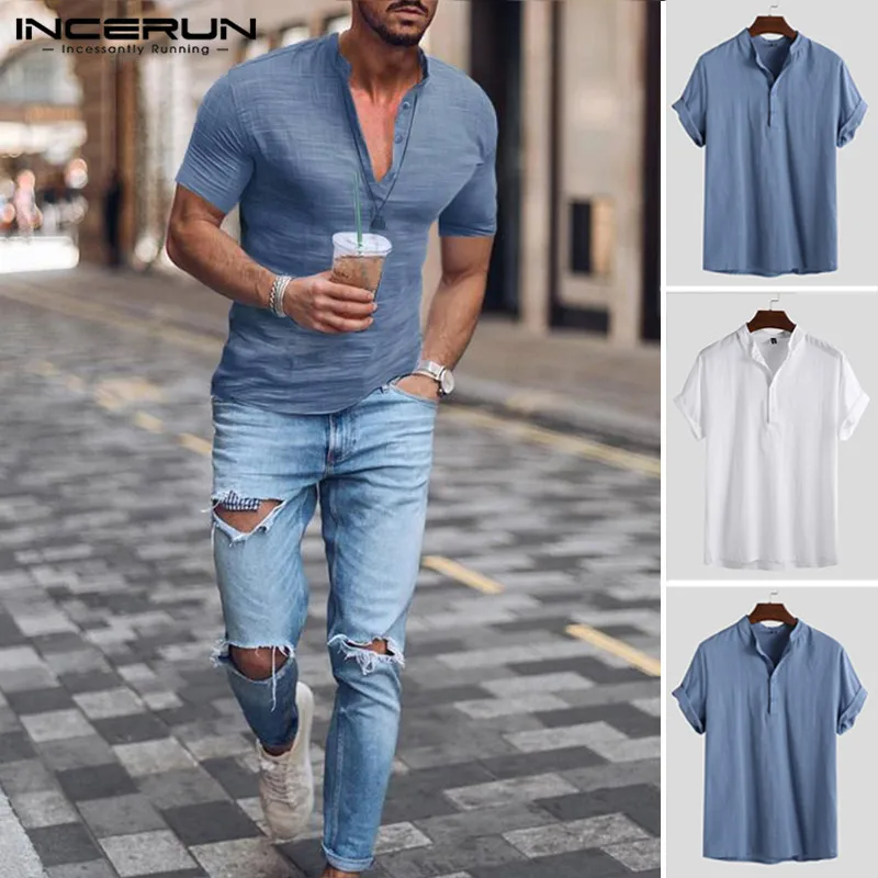 

INCERUN Fashion Business Men Shirt Cotton Short Sleeve Slim Fit Henley Collar Social Shirts Men Summer Chic Blouse Camisa 2019