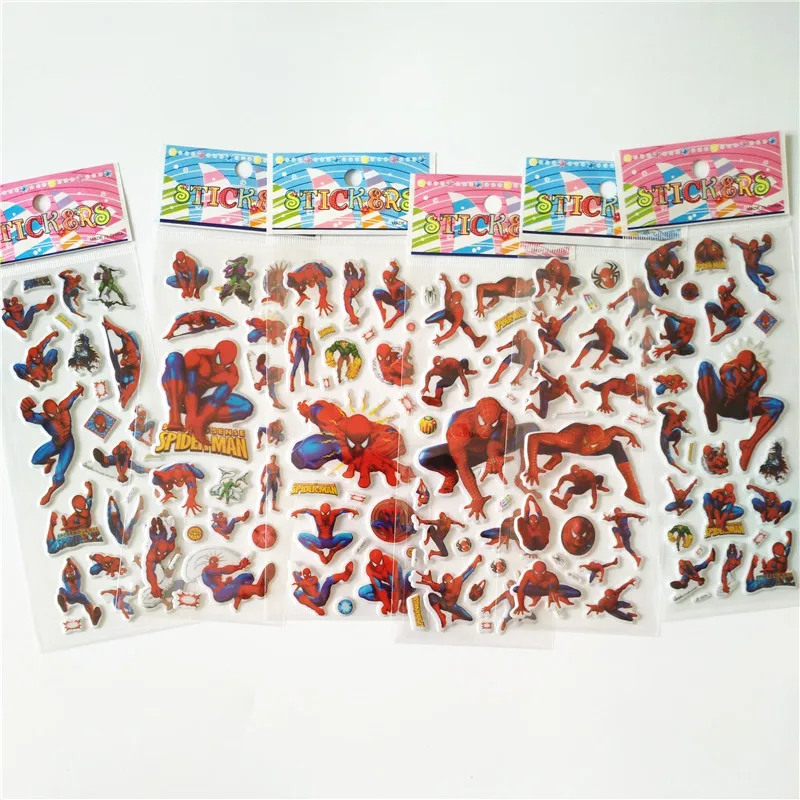 6 Sheets Anime Spiderman Stickers Super Multi Design 3D Puffy Bubble Waterpoof Stickers Spider Man Children Kids Boy