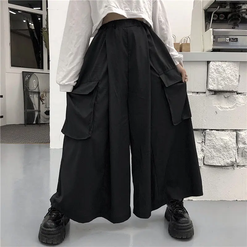 

Large swing high-quality black wide-leg pants with slits female summer fall feeling nine-point tooling large pocket hakama trend
