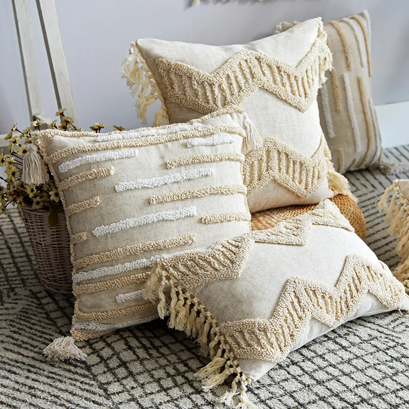 

Luxury Cushion Cover 45X45Cm Cotton Linen Embroidery Tufted Tassles Beige Pillowcase 30x50cm for Home Decoration Sofa Bed
