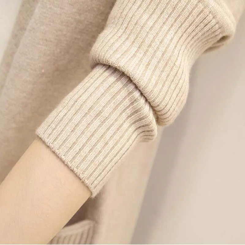 NORMOV длинный кардиган женский свитер осень зима женский длинный рукав вязаный свитер сплошной цвет v-образный вырез карман свитер пальто