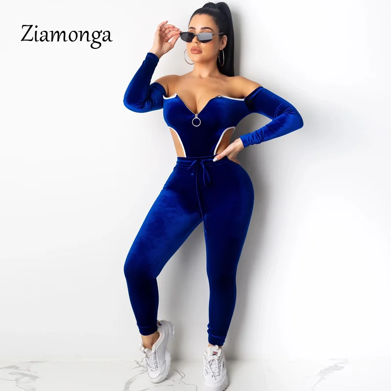 Ziamonga, женский сексуальный комбинезон из кусков для фитнеса, Осенний бархатный комбинезон с длинным рукавом, повседневный Облегающий комбинезон на молнии