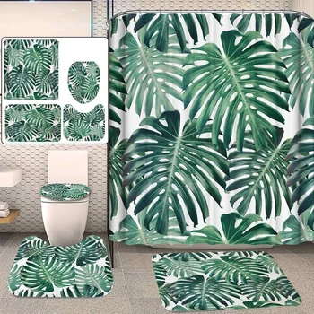 

1/3/4pcs Shower Curtain Set With Toilet Cover Mat Palm Leaf Printing Bathroom Shower Curtain Extra Long Wide 180 x Drop 180 cm