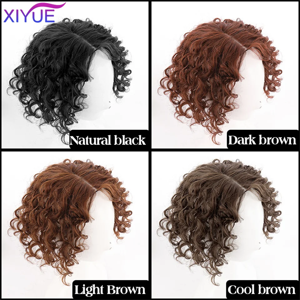 Black Brown Curly Hair Top Toupee Clip In Synthetic Hair Extensions Replacement Closure Hairpiece Cover the White Hair Hairpiece