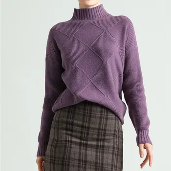 

2019 Fall Winter Women Casual Knitting Sweaters Korean Solid Turtleneck Argyle Pullovers Elegant Long Sleeve Sweaters