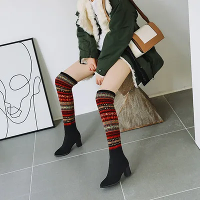 ethnic style autumn and winter new wool boots thick with boots casual women's boots extra large code over knee boots