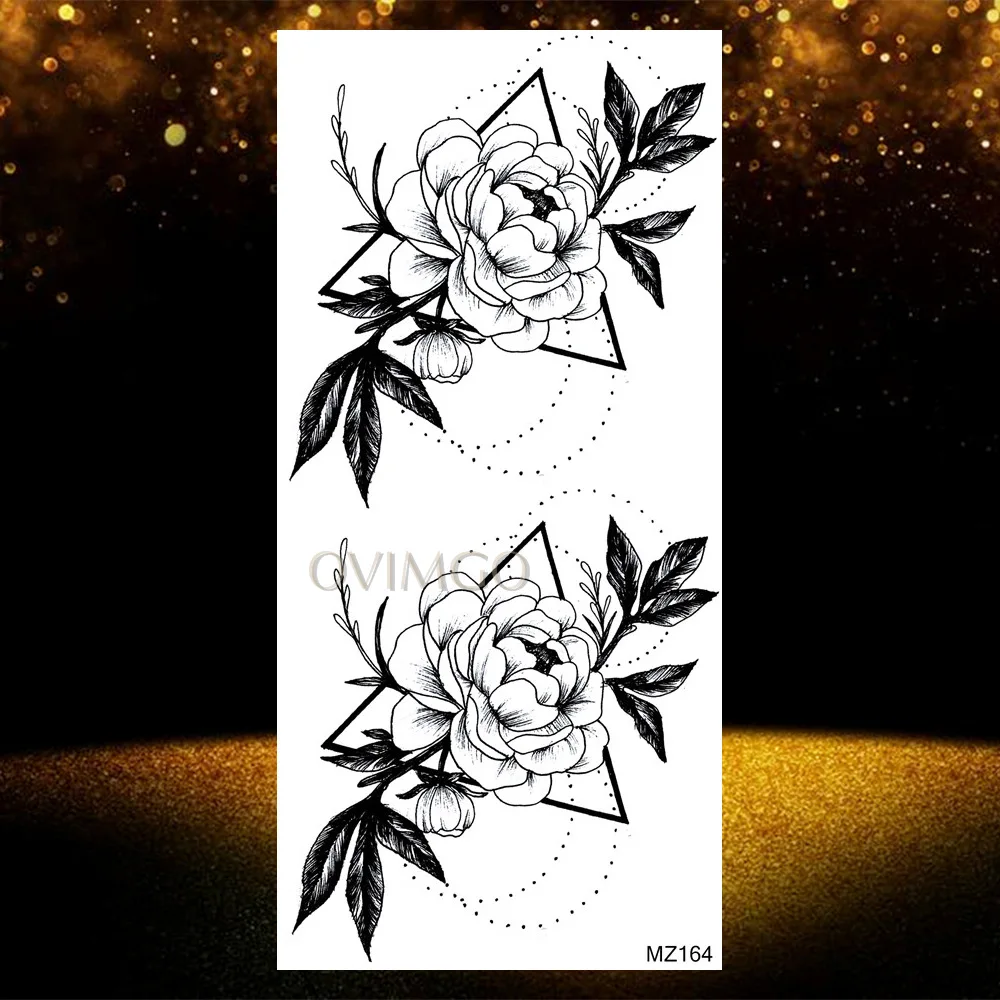 OMZ164 Rose Peony Flower Girls Temporary Tattoos Waterproof Black Tattoo Stickers Blossom Lady Shoulder Tatoos Leaf Branch Sexy Tatoos - Цвет: OMZ164