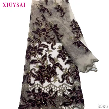 

New Velvet Lace Fabric For Dress Nigerian French Tulle Lace Fabrics 2020 High Quality African Lace Fabric with stones SL586