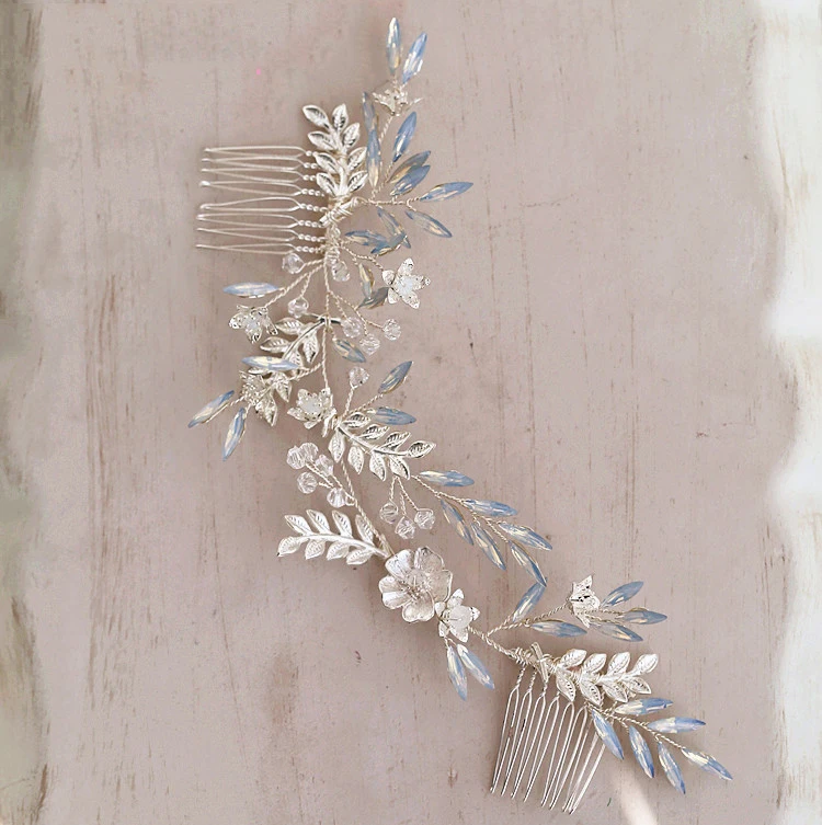 

Crystal Opal Long Headbands Leaf Flower Bride Hair Combs Headpiece Wedding Hair Band Bridal Accessories Silver Tiara Headwear