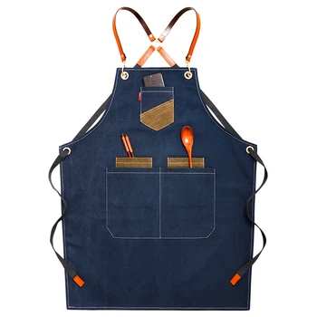 

Blue Hairdressing Canvas Bibs Aprons for Women Leather Chef Home Kitchen Dress Barber Hairdres Cafe Cook Waiter Gift