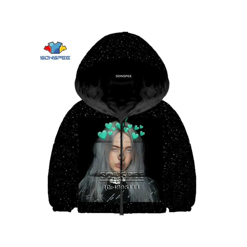 Billie Eilish/Американский юный певец, детский зимний пуховик с 3D принтом хлопковая куртка с капюшоном, теплое пальто тонкое хлопковое пальто для мальчиков и девочек