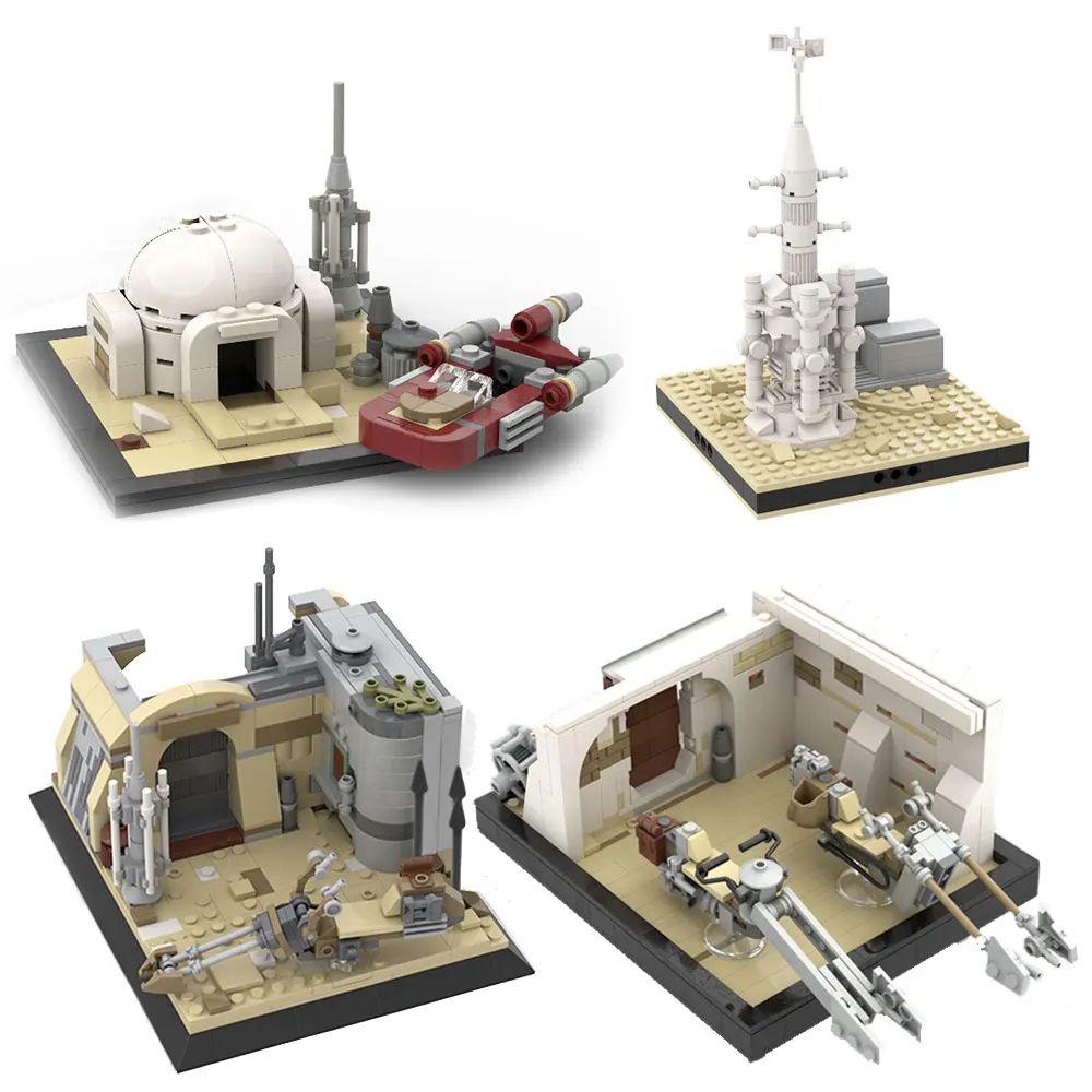 MOC Space Series Wars Desert Village Eisley-Cantina Slums Home Escape From Jedha Fight Spacecraft Nano Falcon Building Block | Игрушки и