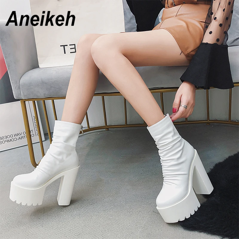 

Aneikeh Spring Sexy Pleated Ankle Boots High Platforms Women Punk PU Leather Motorcycle Boots Woman Square Heel Night Club Shoes