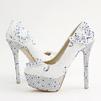 

White Lace Bridal Dress Shoes Blue Rhinestone Round Toe Wedding Shoes Platforms Stilettos Anniversary Event Party Prom Pumps