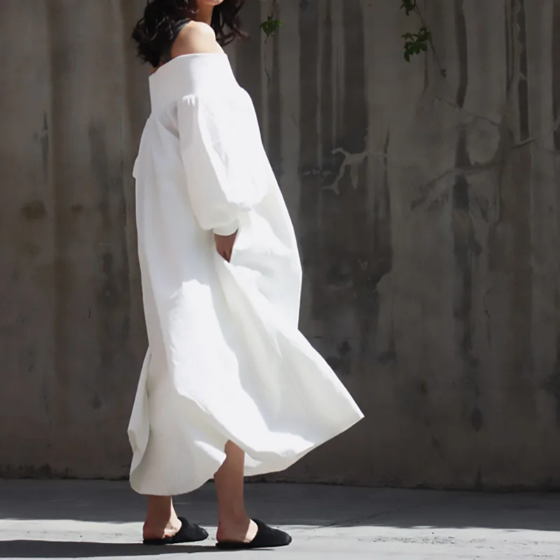 [EAM] новое осенне-зимнее белое свободное платье с вырезом лодочкой и длинным рукавом большого размера, женское модное платье JS4520