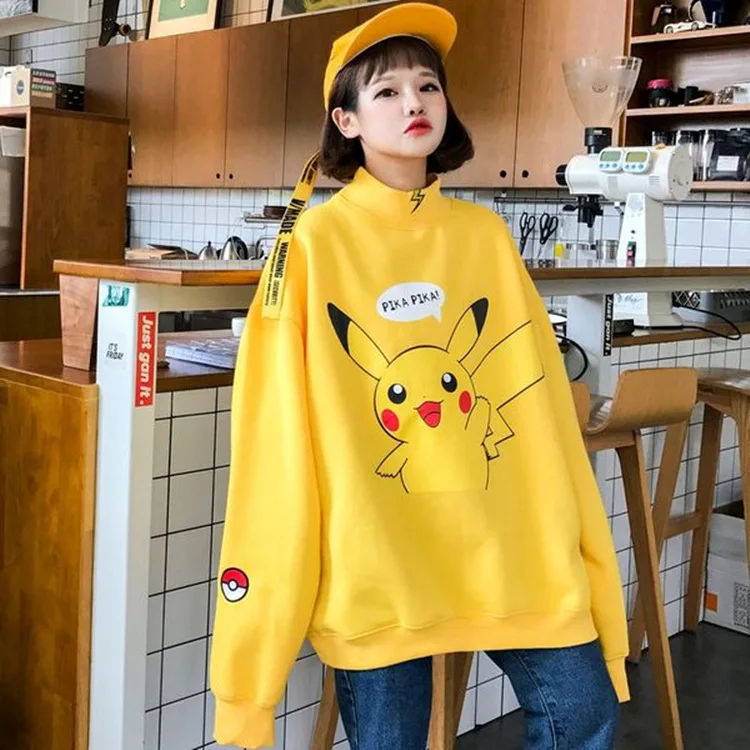 

2019 autumn Korean chic wind cartoon Pikachu print small high collar plus velvet sweatshirt lovers Fashion Cool Sweatshirt