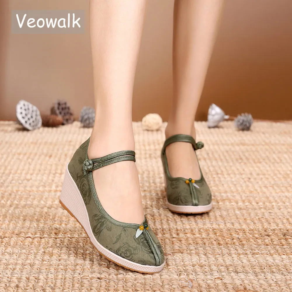 

Veowalk Soft Jacquard Cotton Women Wedge Platforms Shoes Comfortable Ladies Casual Pumps Handmade Embroidered High Heels 7cm